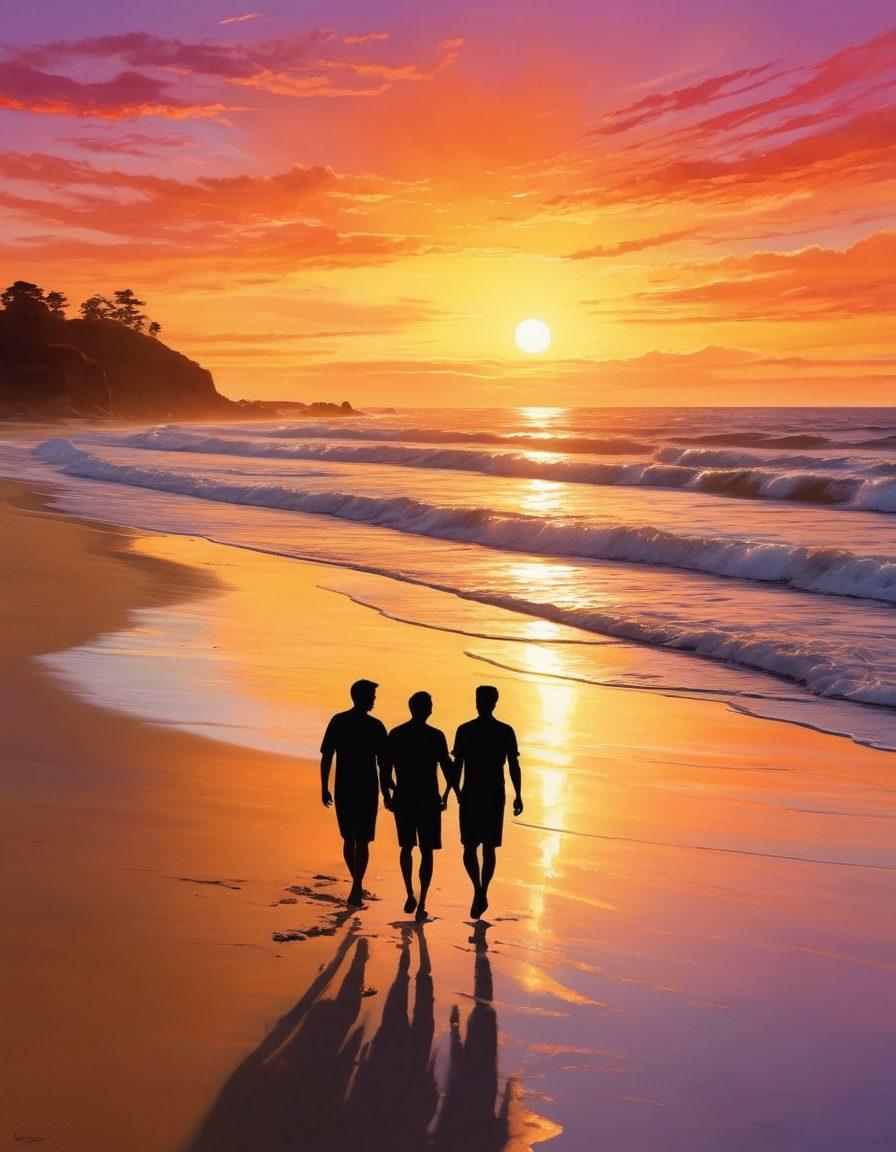 An artistic representation of a warm sunset illuminating a tranquil beach scene, with two silhouetted men walking hand-in-hand along the shoreline, enthusiasm and freedom radiating from their posture. The atmosphere should feel inviting and celebratory, showcasing the beauty of love and exploration in the LGBTQ+ community. The sand should glisten as if kissed by sunshine, and waves softly crashing in the background. vibrant colors. painterly style.