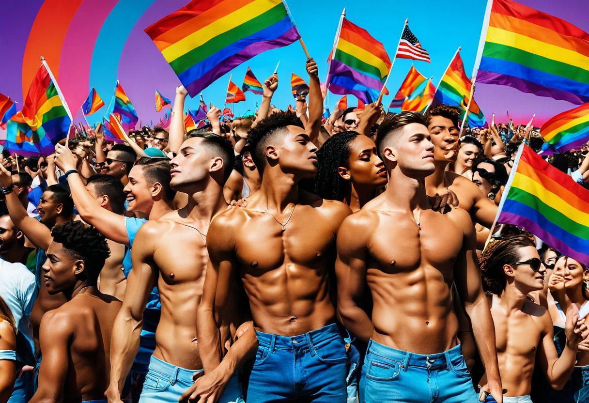 A dynamic collage depicting the evolution of LGBTQ+ culture, featuring vivid scenes of pride parades, artists creating provocative art, and intimate moments of connection. In the center, intertwine symbolic elements like rainbow flags, bold typography illustrating the phrase 'From Taboo to Trend', and subtle hints of bareback scenes. The background should be filled with vibrant colors that evoke emotion and inclusivity. This visually represents the impact of bareback gay porn on the culture. super-realistic. vibrant colors.