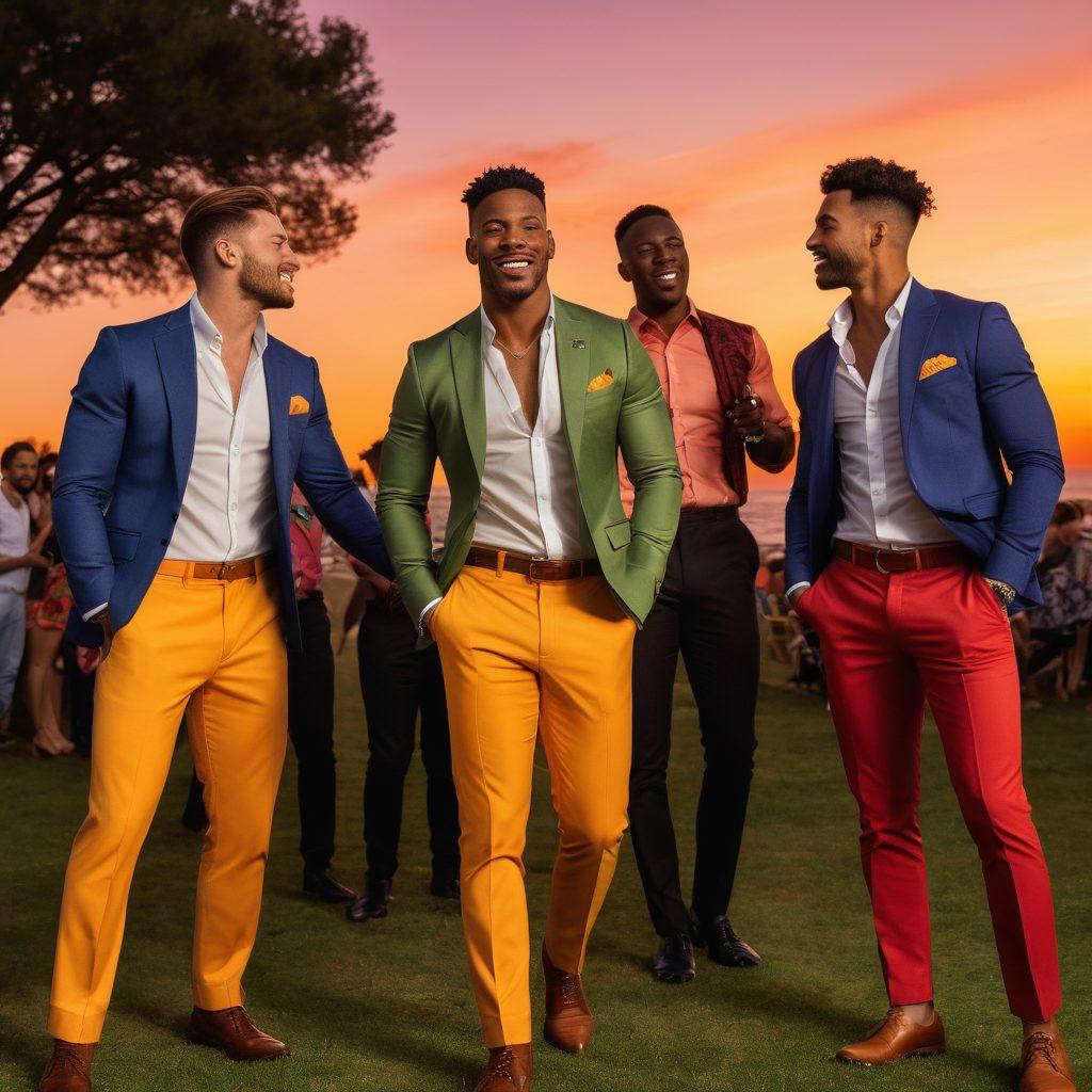 A dynamic scene capturing an outdoor celebration with a diverse group of confident, stylish men enjoying a gathering at sunset. Incorporate elements of barebacking culture, such as playful interactions, vibrant outfits, and body confidence. Emphasize connections and emotions with warm lighting and a sense of joy. There should be hints of adult entertainment themes subtly integrated, without being explicit. bold colors. vibrant atmosphere. sunset backdrop.